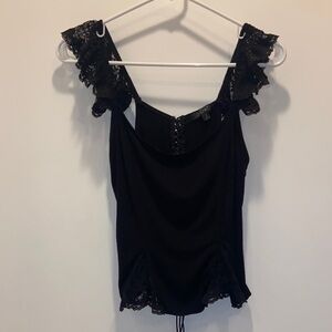 Black Lace Trim Cowl Tank Top